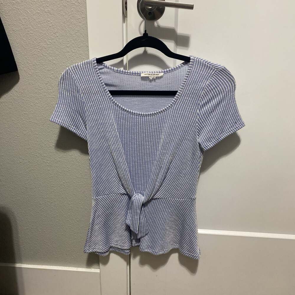 Caution To The Wind Blue and White Striped Tie Front Blouse